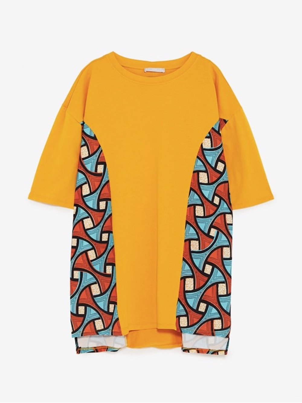 Zara Yellow Tee with Blue & Orange Geo Panels